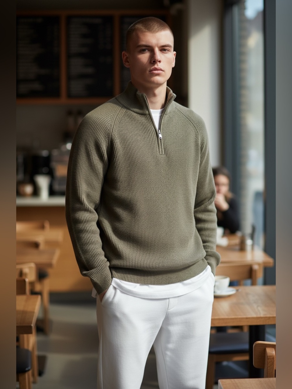 Men's Olive Half-Zip Ribbed Sweater
